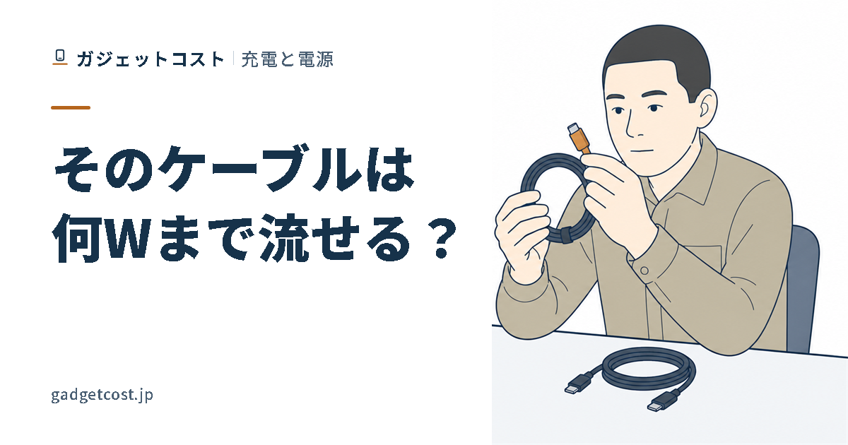USB-Cケーブルのコネクタ部分を手に取って見る人のイラスト
